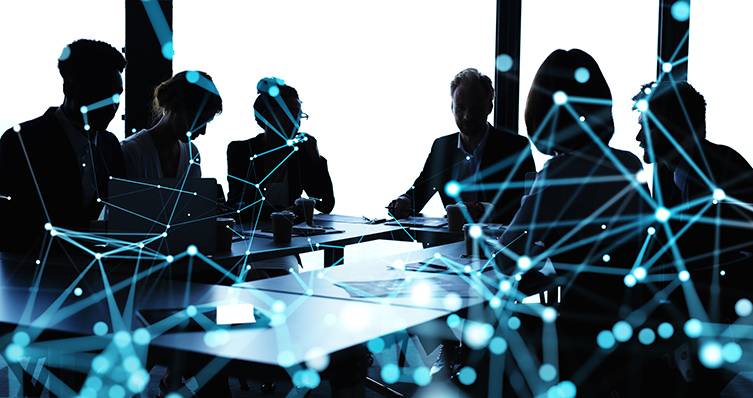 Business people collaborate together in a modern office. Internet connection effects. Double exposure effects